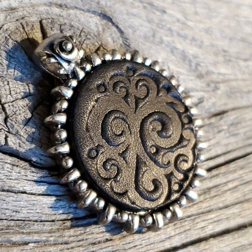 Y2K Vintage Black Leather Embossed Swirls Bali Style Bail Silver Pewter Pendant